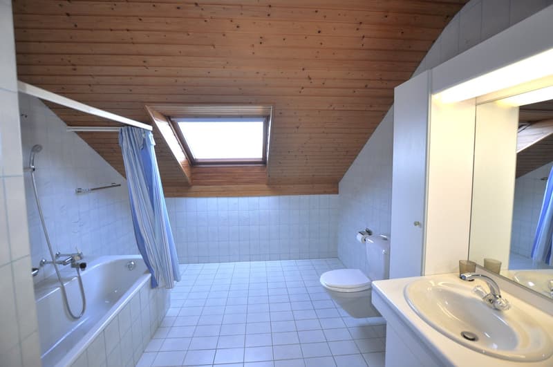 white tiles, wooden ceiling, skylight, bathtub, toilet, sink, mirror