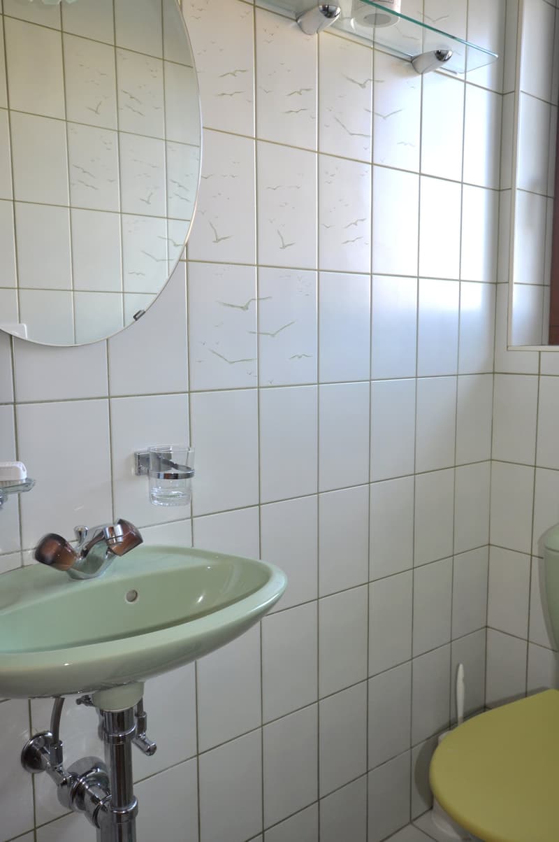 white tiled walls, silver faucet, mirror, glass shelf, green toilet, green sink