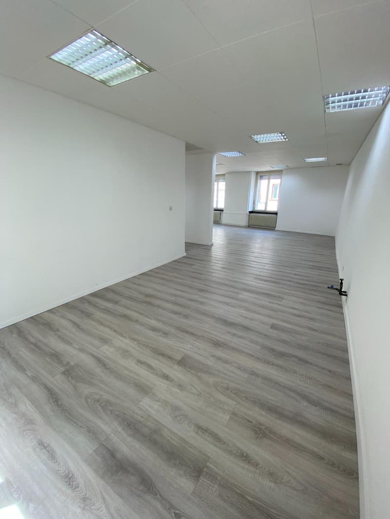 empty room, grey wooden floor, white walls, ceiling with lights, window