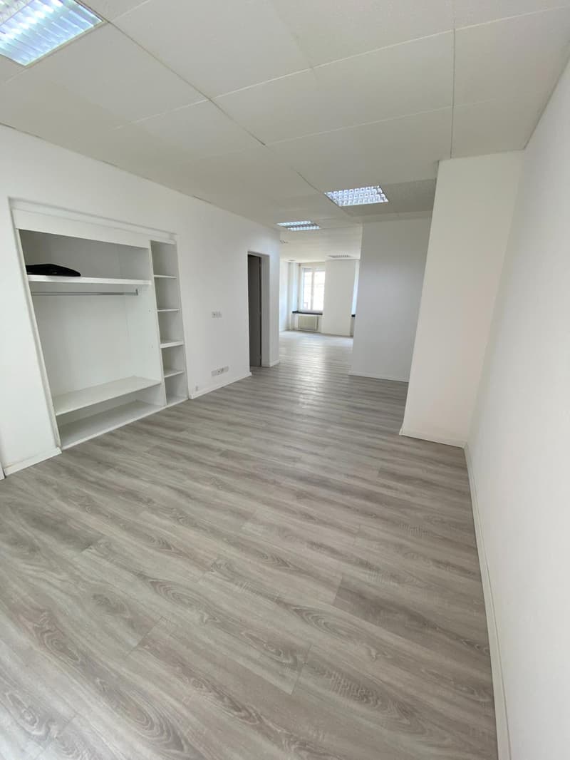 empty room, white walls, wooden flooring, large wardrobe with shelves, light fixtures on the ceiling
