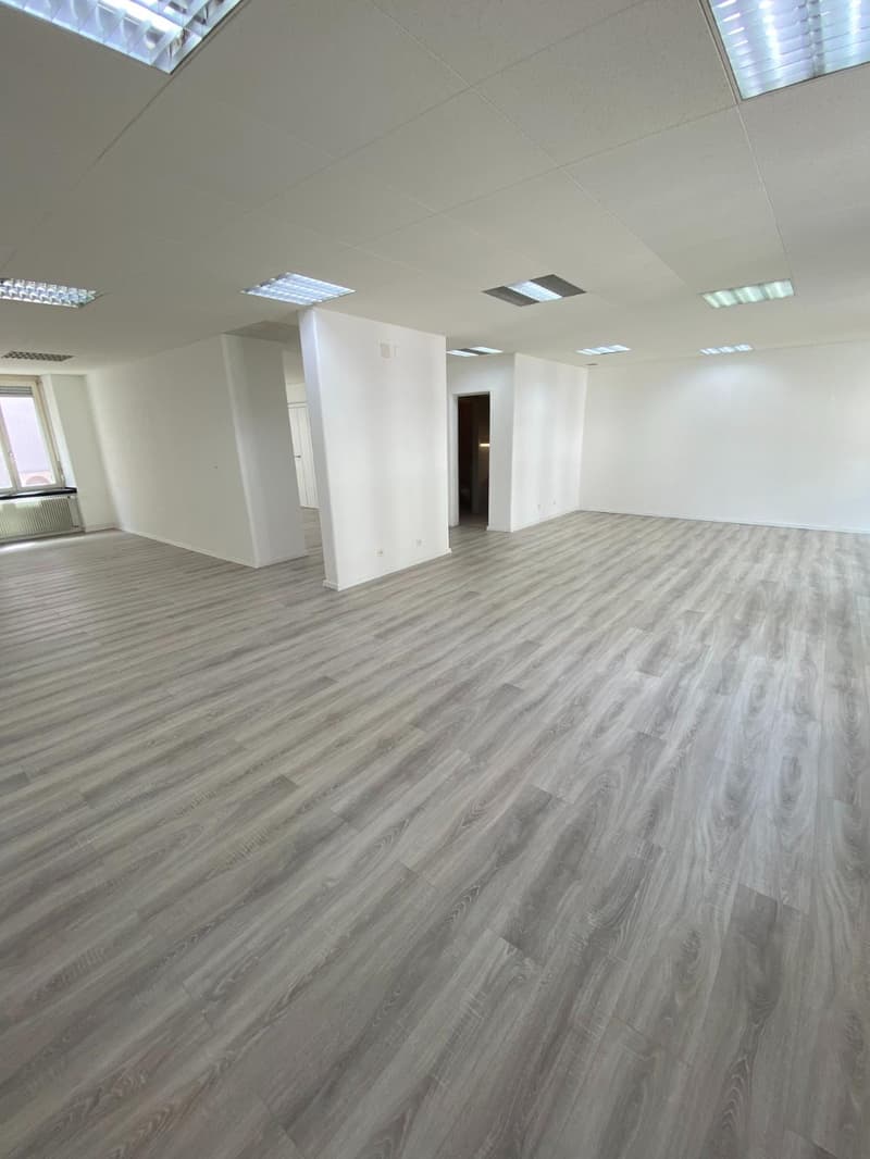 Spacious room, wooden flooring, white walls, high ceiling, windows, two doors