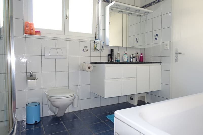 Bathroom with bathtub, sink, toilet, mirror, shower enclosure, cleaning product, trash bin, towel, tiles