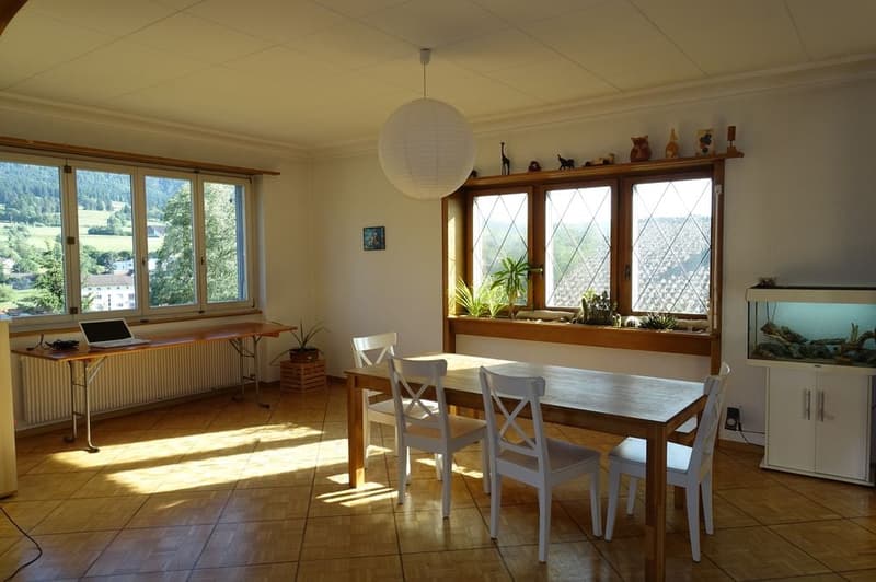 Dining room with large windows, wooden table, white chairs, fish tank, white radiator, pendant lamp, potted plants, wooden cabinet, outdoor view