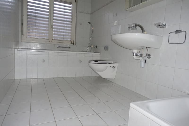 modern, tiled floor, bathtub, toilet, sink, shower