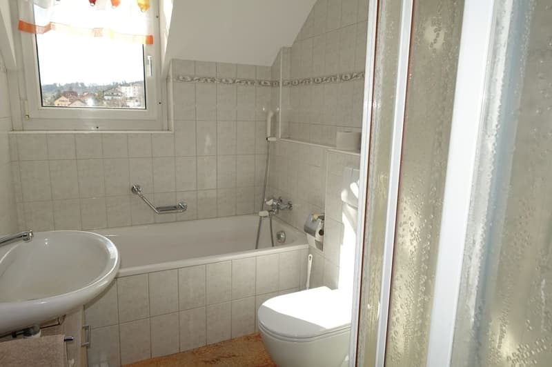 Bathtub, sink, toilet, shower, tiled walls, window