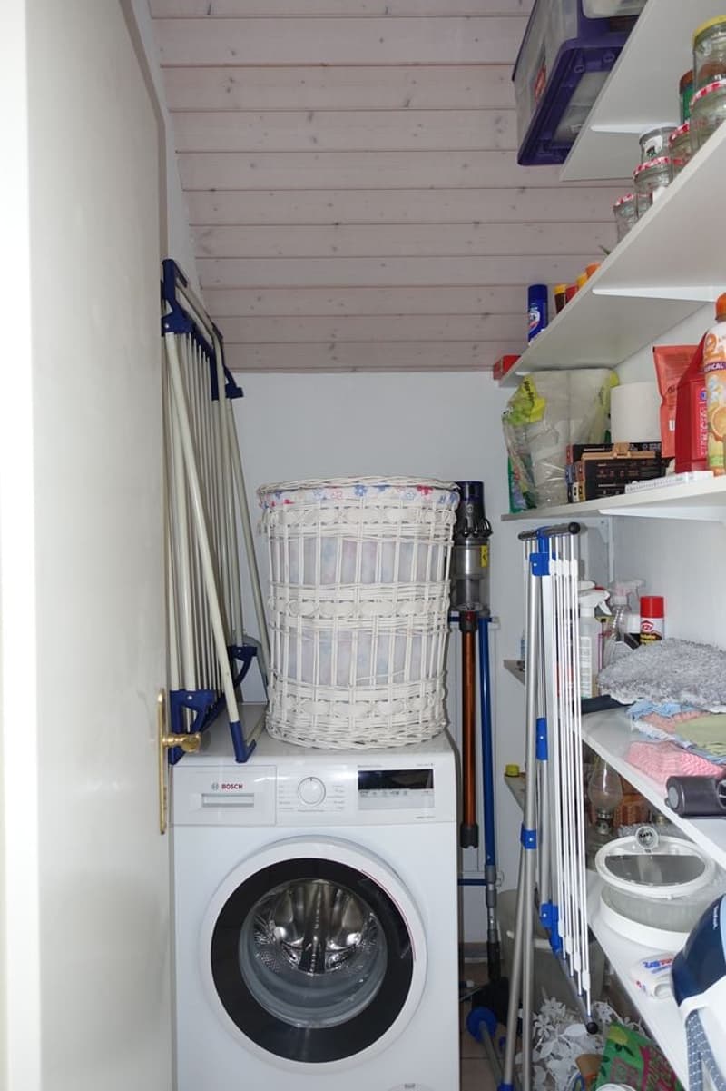 washing machine, storage shelves, storage boxes, cleaning supplies