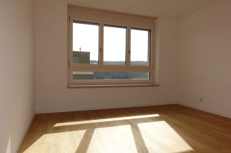 empty room, wooden floor, large window, white walls, sunlight