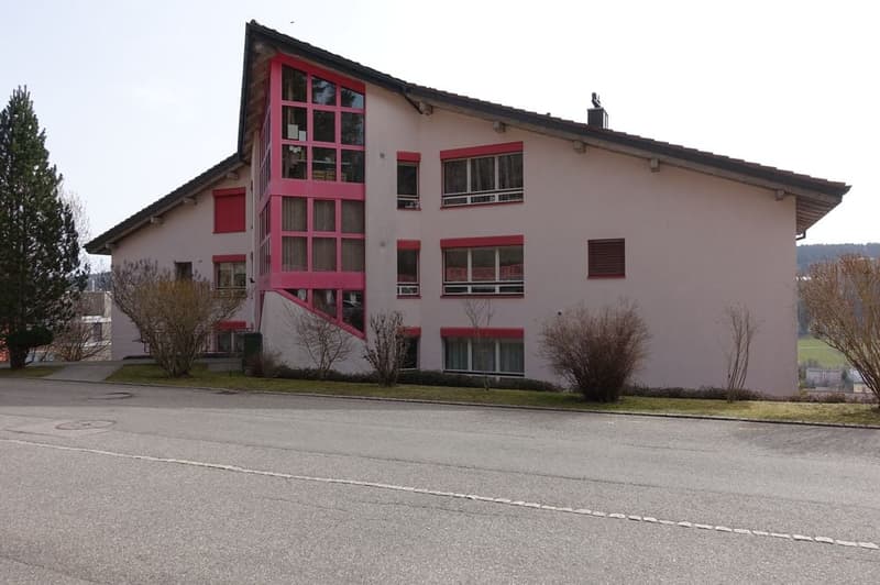 2 story building, white walls, red trim, multiple windows, sloped roof, green bushes, road