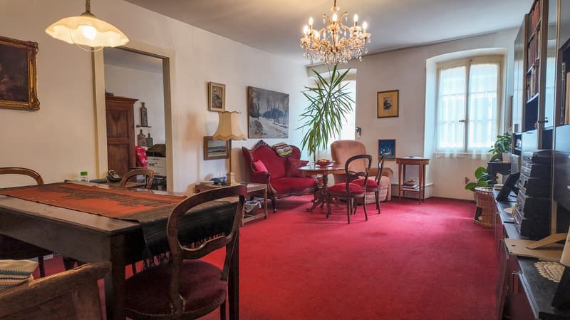 red carpet, wooden table with chairs, red sofa with cushions, lamp, chandelier, paintings, wooden cabinet, window with white curtains, plant