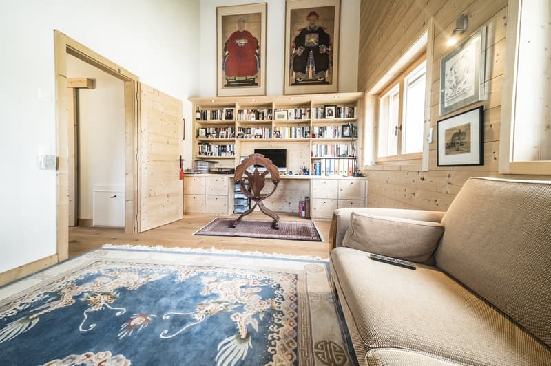 Wooden office desk, computer monitor, bookshelf, armchair, carpet, windows