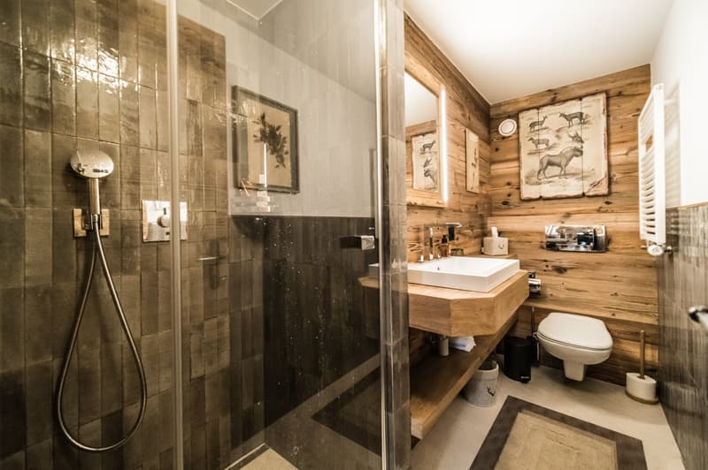Wooden walls, shower area with glass wall, wooden counter with sink, mirror, toilet, artwork, radiator
