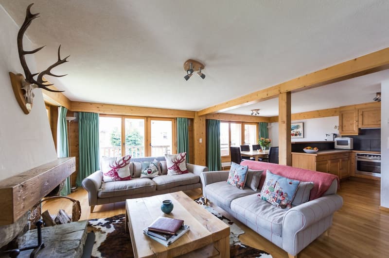 open plan living, dining and kitchen area, two sofas with cushions, two tables, one with a book on it, fireplace