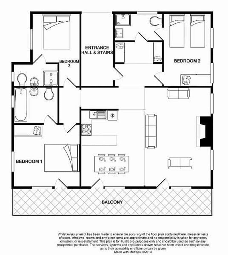 entrance, living room, kitchen, dining room, 3 bedrooms, 2 bathrooms, balcony