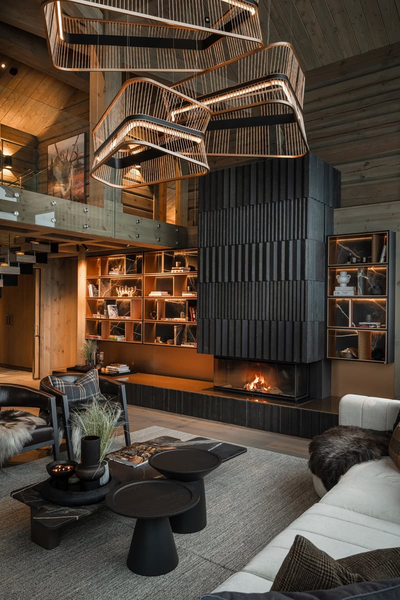 wooden ceiling, modern lighting, shelves, black fireplace, sofa, tables, rug, armchair