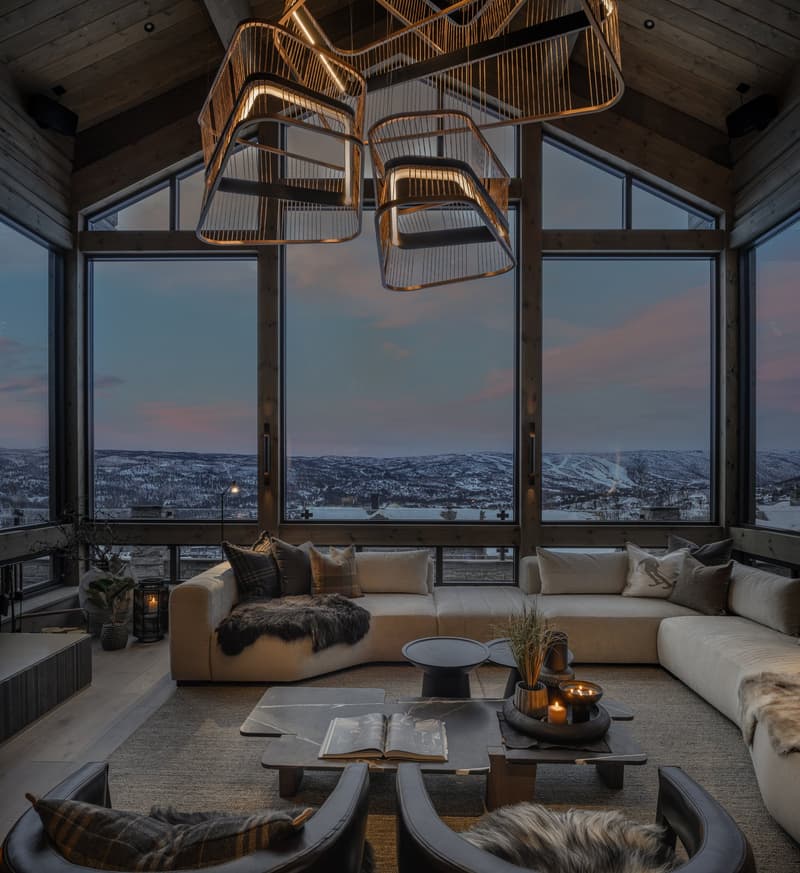 Living room: sofa, coffee tables, area rug, chandelier, floor lamp, large windows