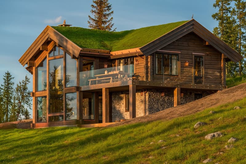wooden house, green grass roof, raised ground floor, large glass windows, balcony