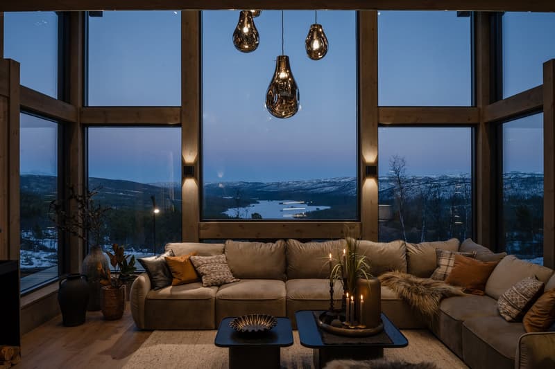 large windows, sofa, fireplace, table, decor, lake view