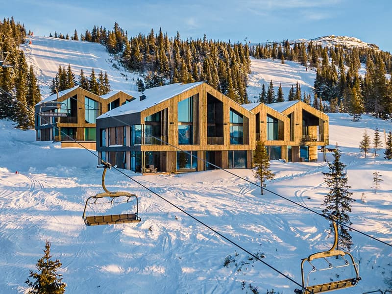 wooden lodge, snowy slope, mountain, trees