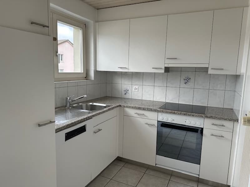 Compact L-shaped kitchen with white cabinets, granite countertops, tiled backsplash, and stainless steel appliances including a dishwasher.