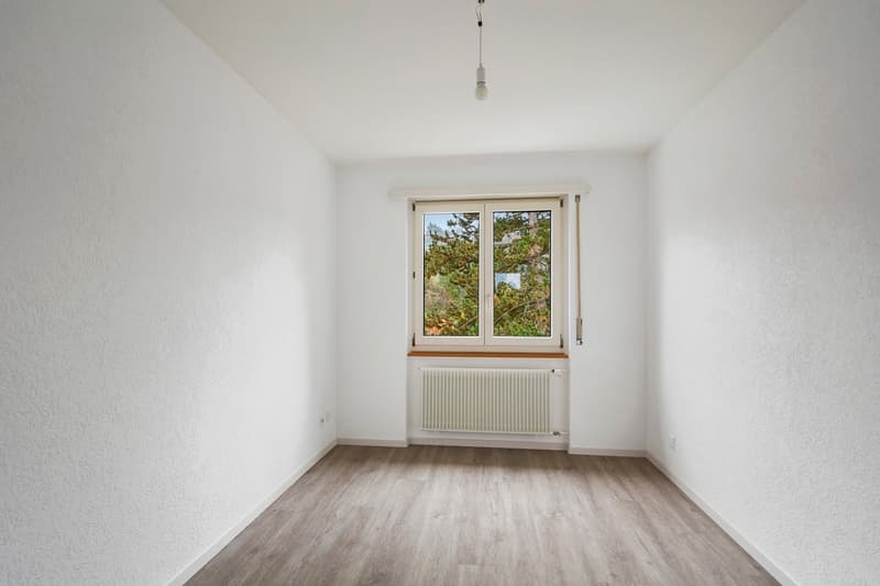 This image shows a simple, minimalist bedroom with white walls, a hardwood-style floor, and a large window overlooking a wooded area outside. The room has a single light fixture hanging from the ceiling and a radiator on the wall.