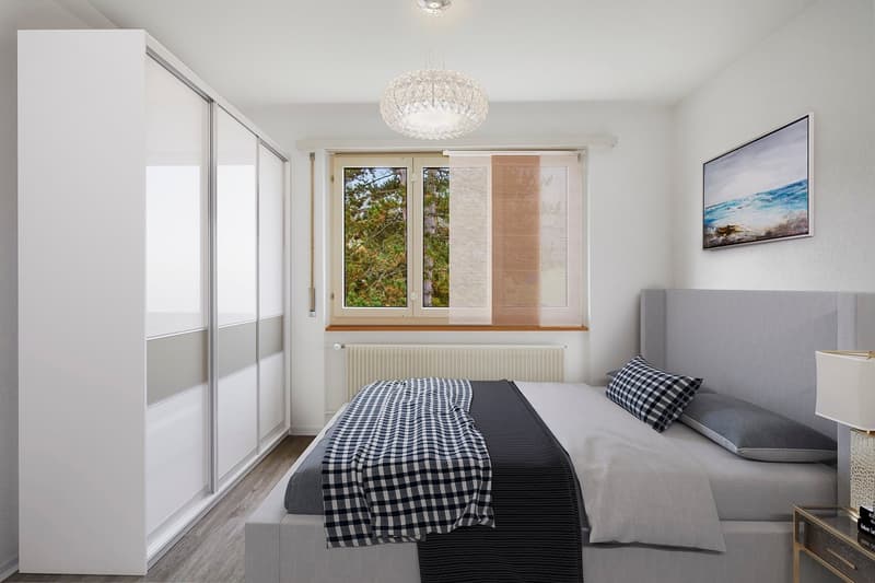 modern bedroom with white walls, bed, white radiator, large window, closet, chandelier, picture frame, and nightstand with a lamp