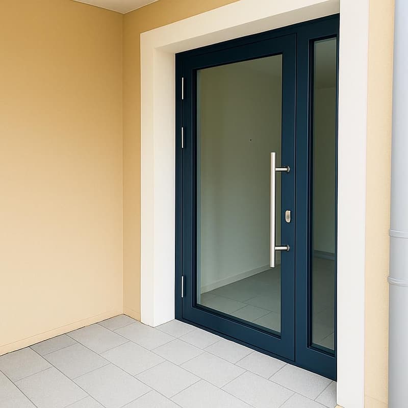 tiled floor, blue double doors, metal handle, glass panel
