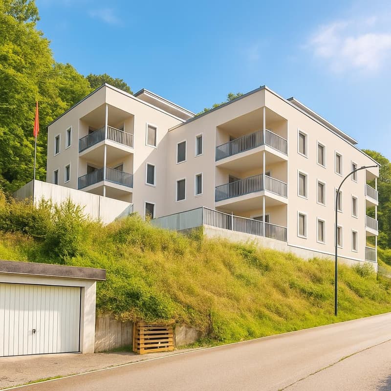 Modern building with white facade, multiple balconies, underground garage, and set on a hill.