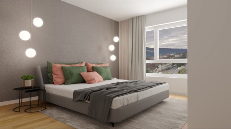 gray bed, two nightstands with plants, carpet, pendant lights, window, gray wall