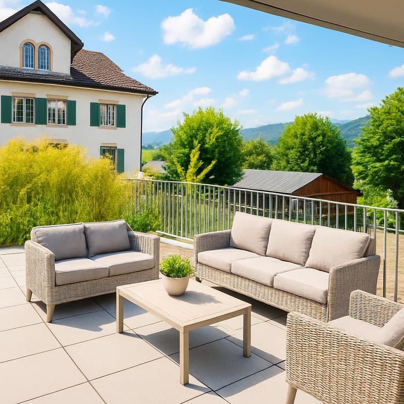 Balcony with outdoor furniture, table, potted plant, metal railing, distant house, and greenery