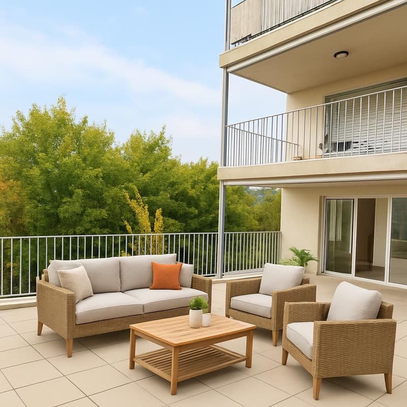 Balcony with wicker sofa, chairs, coffee table, plants, and balcony railing with metal posts
