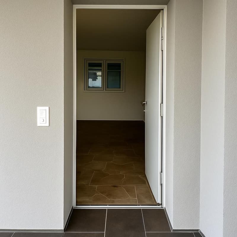 An empty corridor with dark brown floor, light white walls, and a switch in the wall.