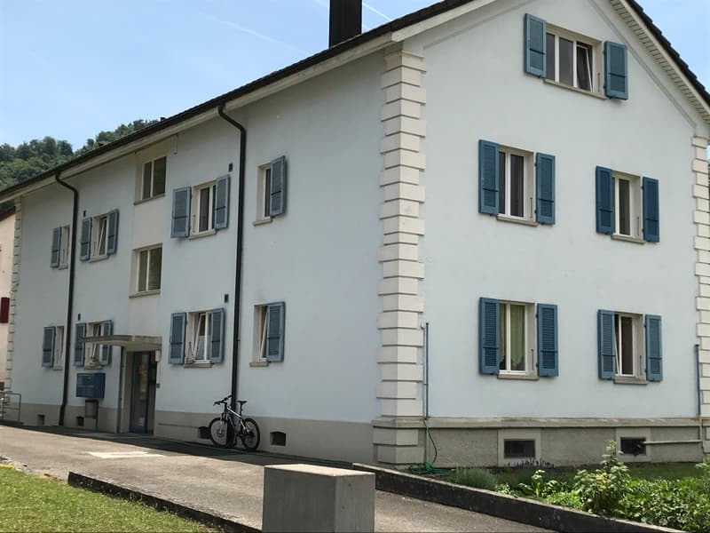 3 story white building, blue shutters, bicycle parked in front, concrete sidewalk, green grass
