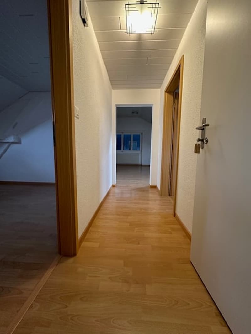 Empty hallway with wooden floors, white walls, and a ceiling light