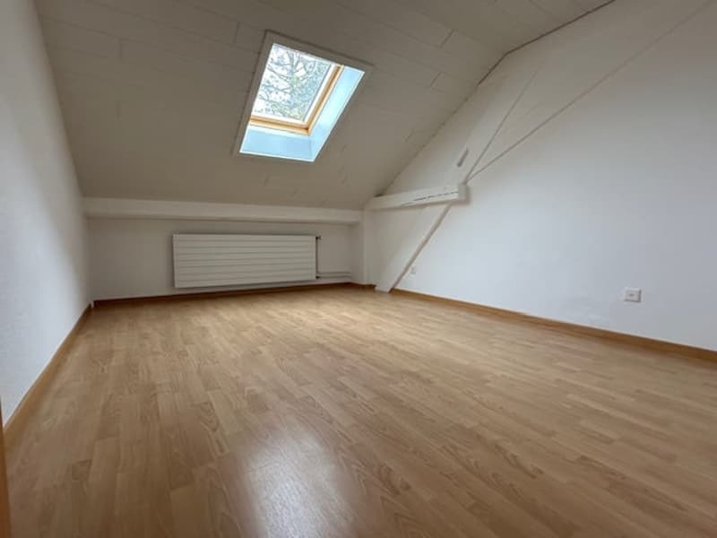 empty room, wooden floor, white walls, skylight, radiator