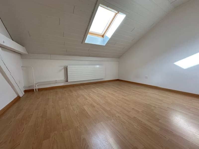 empty room, wooden floor, white walls, skylight, radiator