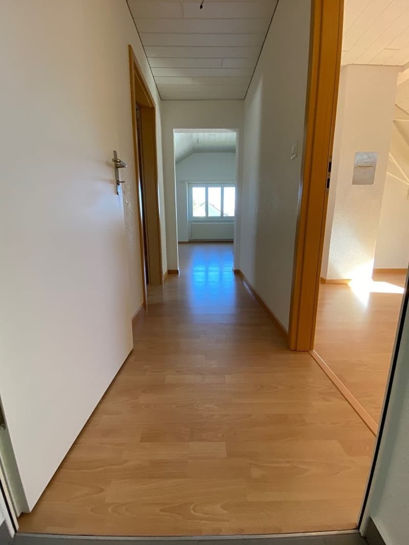 Empty hallway with wooden floors, white walls, doors on both sides, and a window at the end.