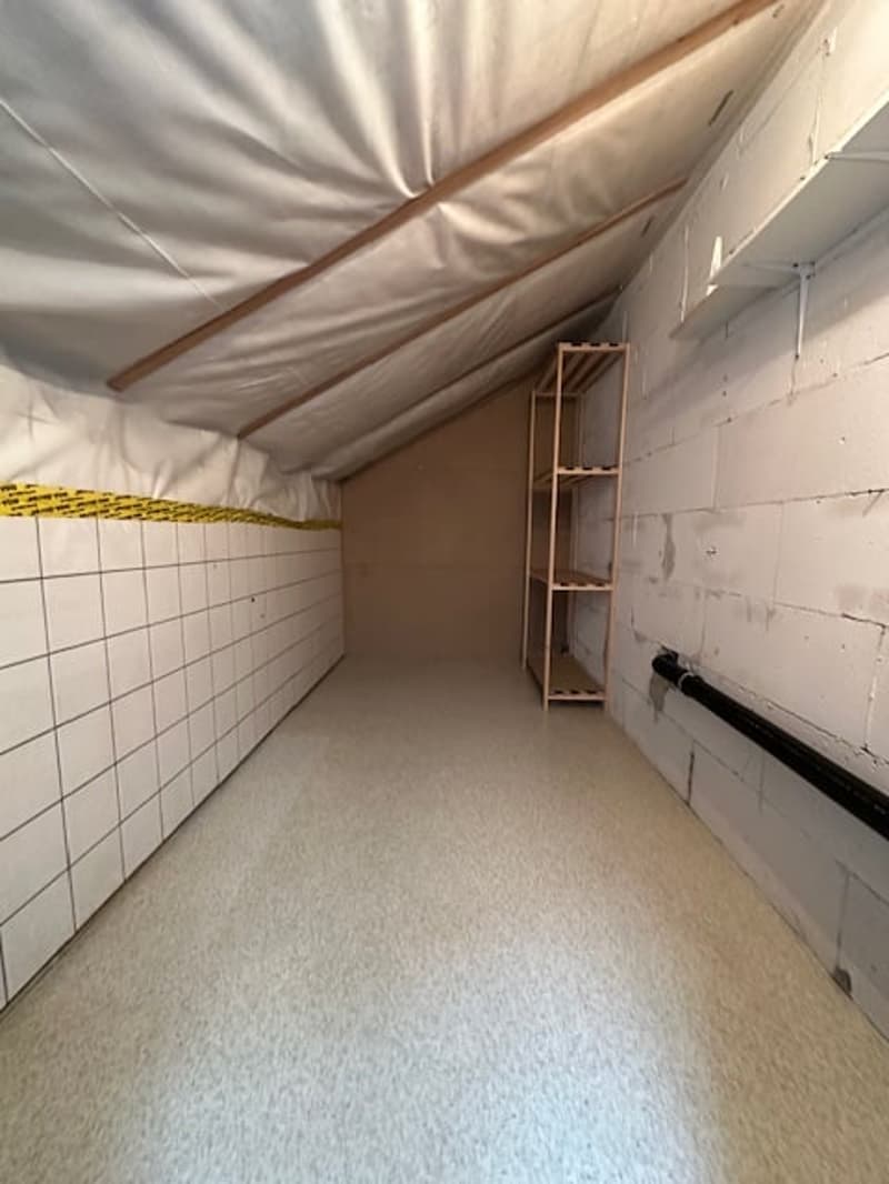 empty room, white tiled wall, wooden shelf, white ceiling, white floor