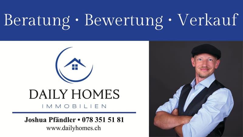 An advertisement for Daily Homes Immobilien featuring a professional man and the company's contact details.