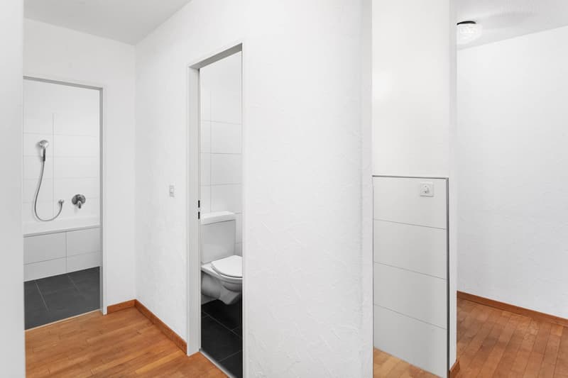 modern design, white walls, wooden floor, white tiles, showerhead, shower cabin, white bathroom cabinet, white toilet, power outlet