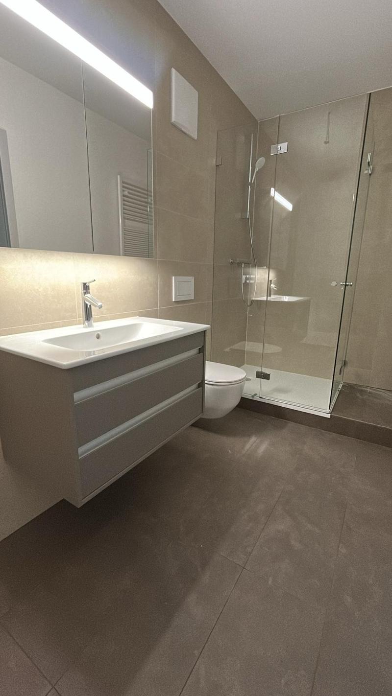 modern bathroom with a sink, toilet, and shower