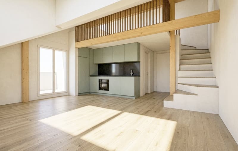 open floor plan, wooden floor, white walls, kitchen with oven, staircase