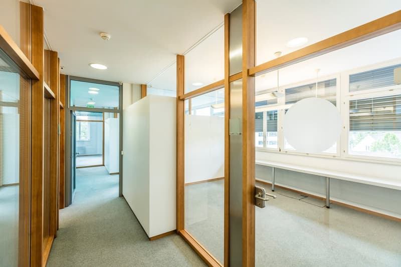 The image shows a hallway or corridor in an office or commercial building. The walls are made of white panels with wooden frames, and there are large windows along one side providing natural light. The floor is covered in a light-colored carpet. The space