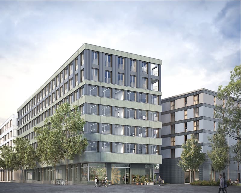 Modern multi-story building with glass facade, several balconies, surrounded by trees and urban setting