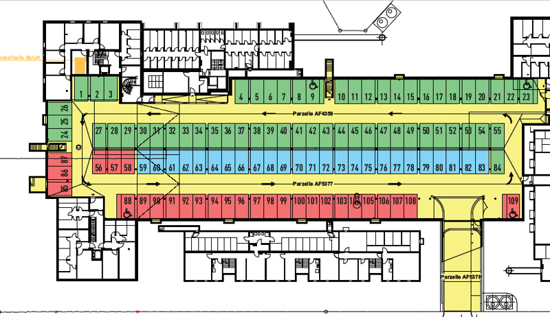 The floor plan includes numbered areas representing different units, accessible walkways, and common areas such as hallways.