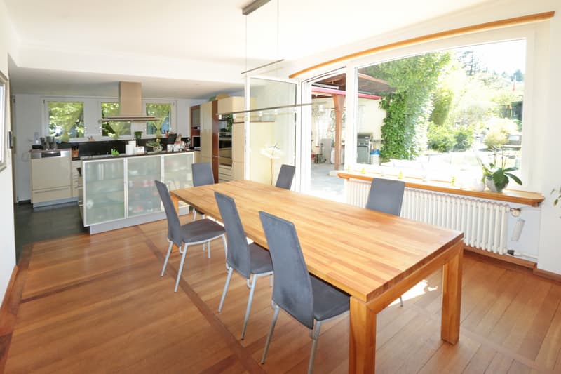 grosszügiger, heller Essbereich / a modern home with wooden floors, large windows, a dining table and chairs