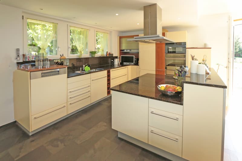 viel Platz und Stauraum bietet die exklusive Küche / a clean kitchen with white cabinets and large windows