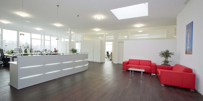 modern office with white walls, wooden floor, large windows, reception desk, red couches, glass table, plants, ceiling lights