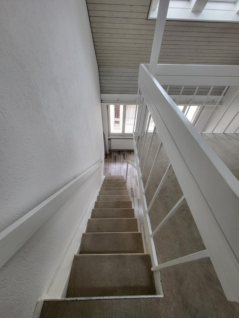 staircase with beige carpet, white railings, white painted wall, glass windows