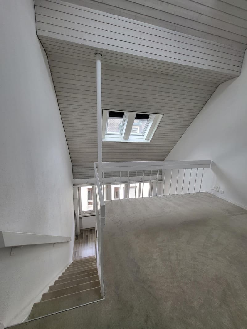 staircase, carpeted floor, white walls, 2 skylights, balcony railing