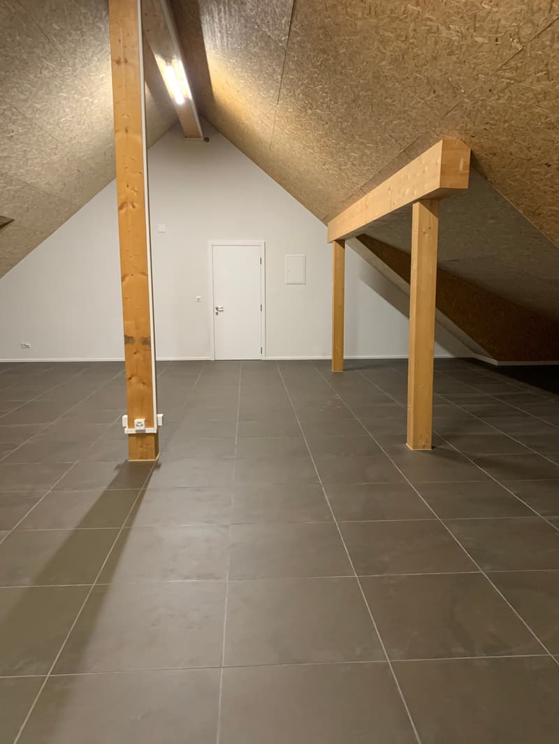 empty attic room, white walls, tiled floor, wooden beams, door on the left side